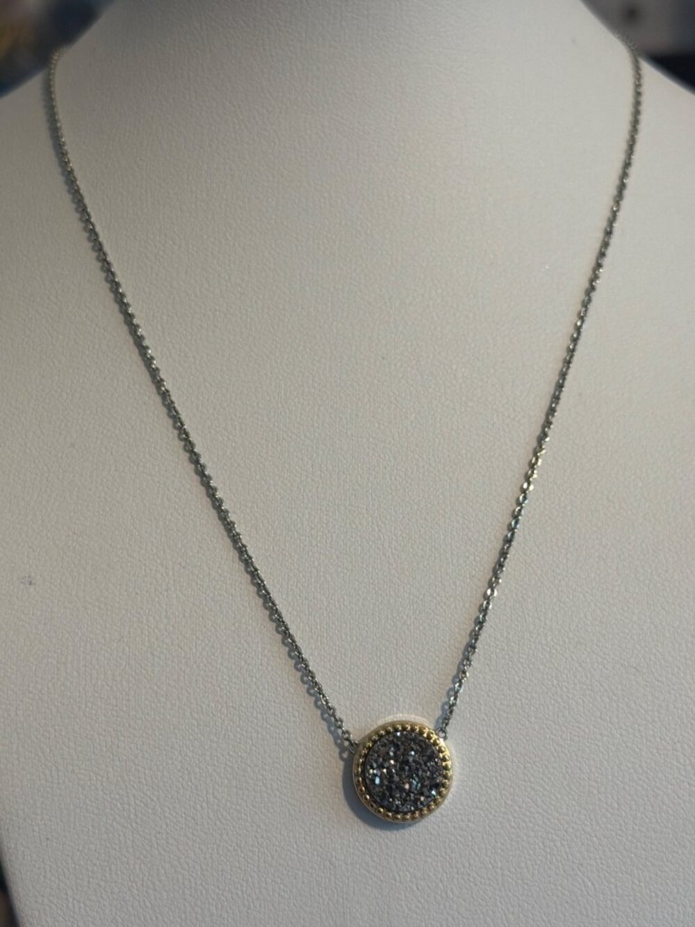 Banana Republic Gold Silver Plated Necklace Druzy Round Pendant Adj 18" Layer